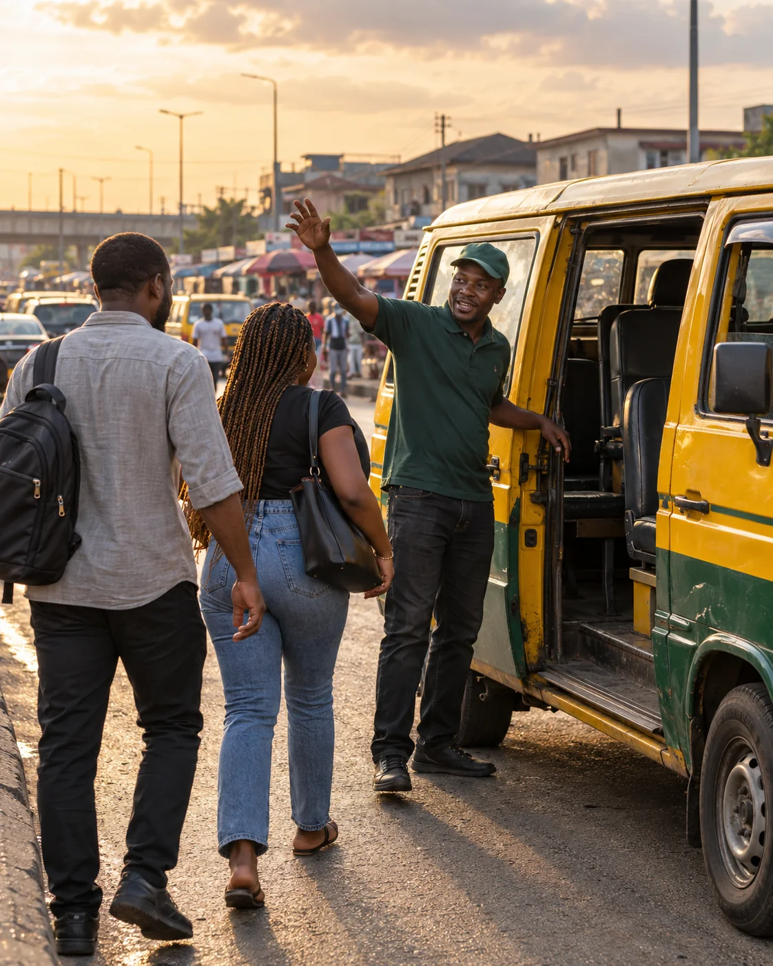 A Lagos conductor waves two passengers toward a yellow-and-green Korope at a Gbagada bus stop